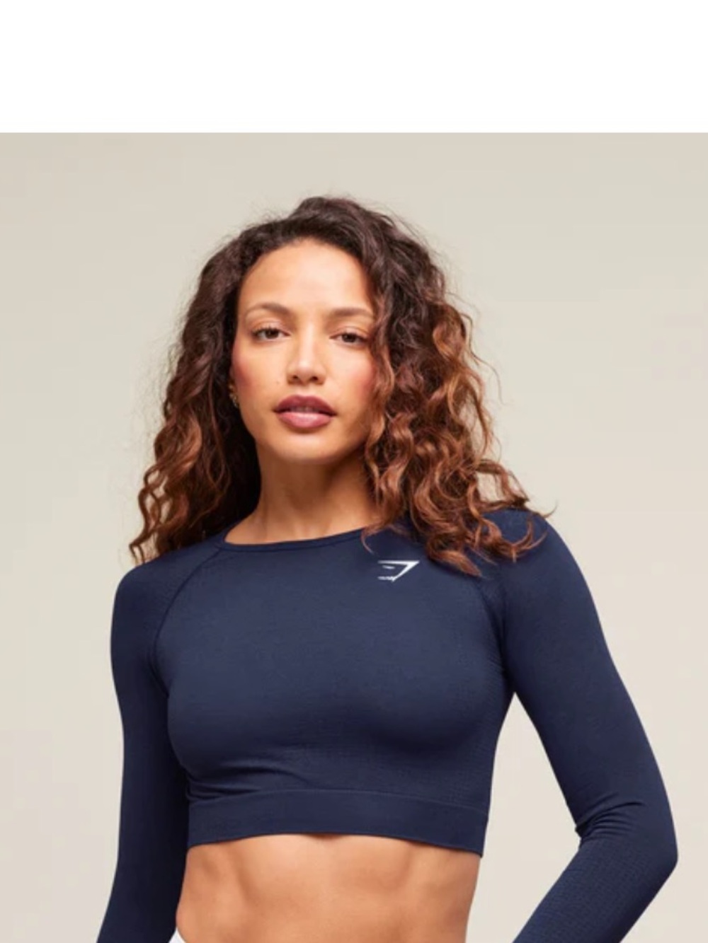 Gymshark navy blue long-sleeve crop top, drawstring hem & elbow cutouts